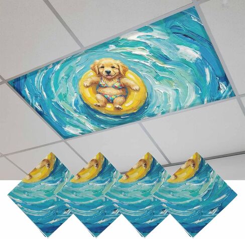 Summer Puppy Magnetic Fluorescent Light Covers for Ceiling Lights 2x4 Ft, Blue Ocean Oil Painting Swimming Ring Office Classroom Kitchen Drop Ceiling Light Covers Lighting Filters Shade Panel 2 Packs in Kuwait