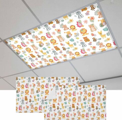 Cartoon Animals Magnetic Fluorescent Light Covers for Ceiling Lights 2x4 Ft,Funny Lions Camels Tropical Monstera Plants Office Classroom Kitchen Drop Ceiling Light Covers Filters Shade Panel 2 Packs in Kuwait