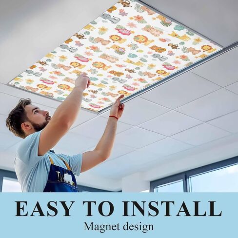 Cartoon Animals Magnetic Fluorescent Light Covers for Ceiling Lights 2x4 Ft,Funny Lions Camels Tropical Monstera Plants Office Classroom Kitchen Drop Ceiling Light Covers Filters Shade Panel 2 Packs in Kuwait
