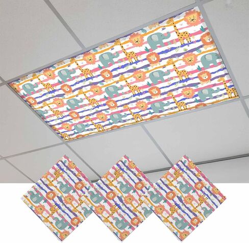 Cartoon Animals Magnetic Fluorescent Light Covers for Ceiling Lights 2x4 Ft,Funny Lions Giraffes Tropical Plants Striped Office Classroom Kitchen Drop Ceiling Light Covers Filters Shade Panel 3 Packs in Kuwait