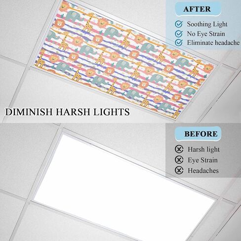 Cartoon Animals Magnetic Fluorescent Light Covers for Ceiling Lights 2x4 Ft,Funny Lions Giraffes Tropical Plants Striped Office Classroom Kitchen Drop Ceiling Light Covers Filters Shade Panel 3 Packs in Kuwait