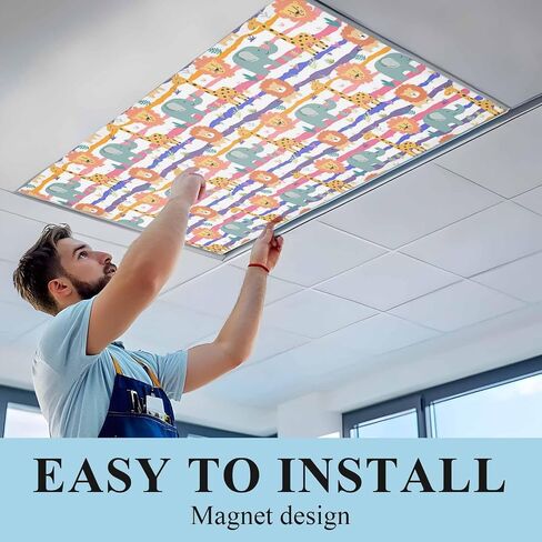 Cartoon Animals Magnetic Fluorescent Light Covers for Ceiling Lights 2x4 Ft,Funny Lions Giraffes Tropical Plants Striped Office Classroom Kitchen Drop Ceiling Light Covers Filters Shade Panel 3 Packs in Kuwait