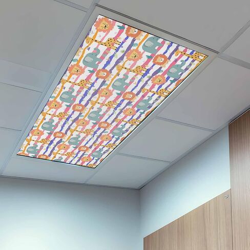 Cartoon Animals Magnetic Fluorescent Light Covers for Ceiling Lights 2x4 Ft,Funny Lions Giraffes Tropical Plants Striped Office Classroom Kitchen Drop Ceiling Light Covers Filters Shade Panel 3 Packs in Kuwait
