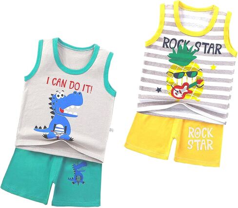 Vagefun Toddler Baby Boy Summer Clothes Cute Dinosaur Tank Tops+Shorts Outfits Lightweight Elastic Cotton Short Sets in Kuwait