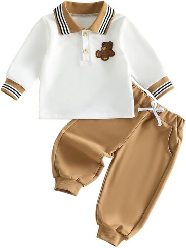 6 12 18 24 Months 3T 4T Baby Boy Clothes Fall Winter Bear Birthday Outfit | Toddler Long Sleeve Polo Shirts Button Collared Sweatshirt Pullover Tops And Solid Pants Set in Kuwait