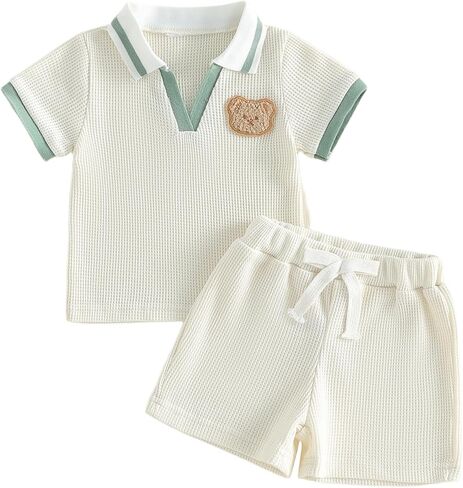Yoawdats Toddler Baby Boy Clothes Button-Down Shirt Tops Cotton Rib Knit Shorts Set Cute Infant Boy Spring Summer Outfit in Kuwait