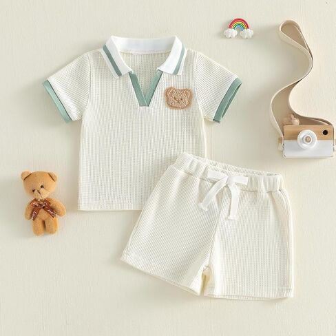 Yoawdats Toddler Baby Boy Clothes Button-Down Shirt Tops Cotton Rib Knit Shorts Set Cute Infant Boy Spring Summer Outfit in Kuwait