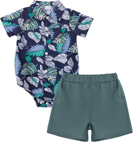 Baby Boy Hawaiian Outfit, Baby Boy Summer Beach Vacation Clothes | Tropical Floral Short Sleeve Shirt + Shorts 0-3 Months in Kuwait