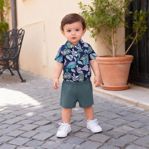 Baby Boy Hawaiian Outfit, Baby Boy Summer Beach Vacation Clothes | Tropical Floral Short Sleeve Shirt + Shorts 0-3 Months in Kuwait