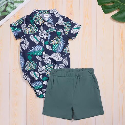 Baby Boy Hawaiian Outfit, Baby Boy Summer Beach Vacation Clothes | Tropical Floral Short Sleeve Shirt + Shorts 0-3 Months in Kuwait