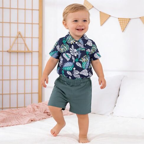Baby Boy Hawaiian Outfit, Baby Boy Summer Beach Vacation Clothes | Tropical Floral Short Sleeve Shirt + Shorts 0-3 Months in Kuwait