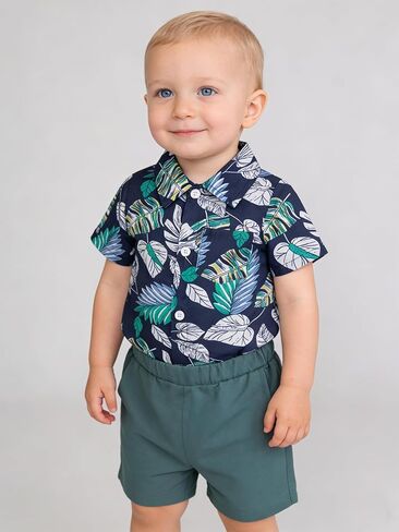 Baby Boy Hawaiian Outfit, Baby Boy Summer Beach Vacation Clothes | Tropical Floral Short Sleeve Shirt + Shorts 0-3 Months in Kuwait