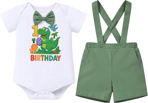 IBTOM CASTLE Baby Boys 1st 2nd Birthday Dinosaur Cake Smash Outfit | Skin Friendly Fabric Romper Soft Suspender Shorts For 1st 2nd Birthday Cake Smash Photoshoot Dinosaur Themed Party in Kuwait