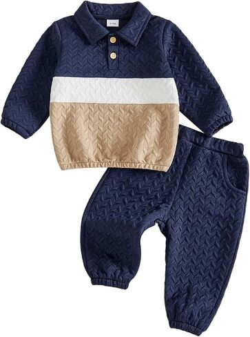 Bagilaanoe Toddler Baby Boy Outfit Patchwork Polo Sweatshirt Pants Set | Turn Down Collar, Button Up Pullover Top, Color Blocked, Fall Winter 2 Piece Clothes Sets in Kuwait
