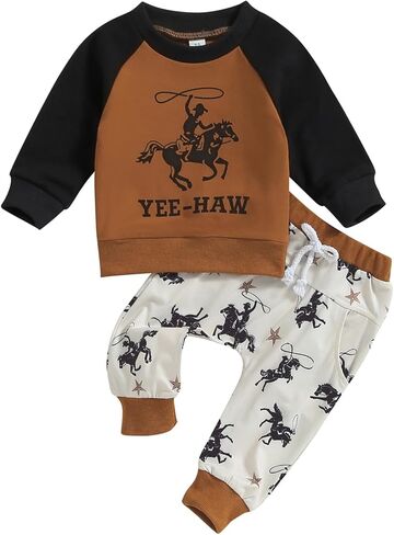 SAYOO Western Baby Boy Clothes Cow Print Sweatshirt Pullover Top Jogger Pants 2Pcs Toddler Boy Cowboy Fall Winter Outfits in Kuwait