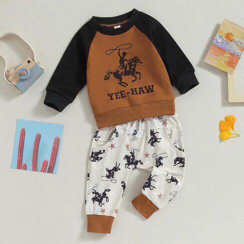 SAYOO Western Baby Boy Clothes Cow Print Sweatshirt Pullover Top Jogger Pants 2Pcs Toddler Boy Cowboy Fall Winter Outfits in Kuwait