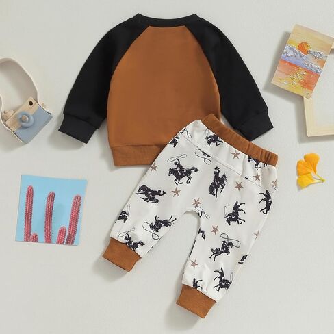 SAYOO Western Baby Boy Clothes Cow Print Sweatshirt Pullover Top Jogger Pants 2Pcs Toddler Boy Cowboy Fall Winter Outfits in Kuwait