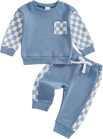 Tsultryofs Baby Boy Fall Clothes Toddler Infant Plaid Patchwork Outfit Long Sleeve Round Neck Tops and Casual Pants Set in Kuwait