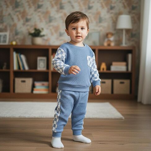 Tsultryofs Baby Boy Fall Clothes Toddler Infant Plaid Patchwork Outfit Long Sleeve Round Neck Tops and Casual Pants Set in Kuwait