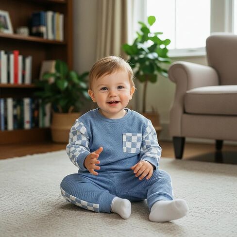 Tsultryofs Baby Boy Fall Clothes Toddler Infant Plaid Patchwork Outfit Long Sleeve Round Neck Tops and Casual Pants Set in Kuwait