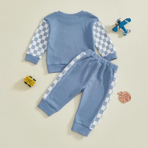 Tsultryofs Baby Boy Fall Clothes Toddler Infant Plaid Patchwork Outfit Long Sleeve Round Neck Tops and Casual Pants Set in Kuwait