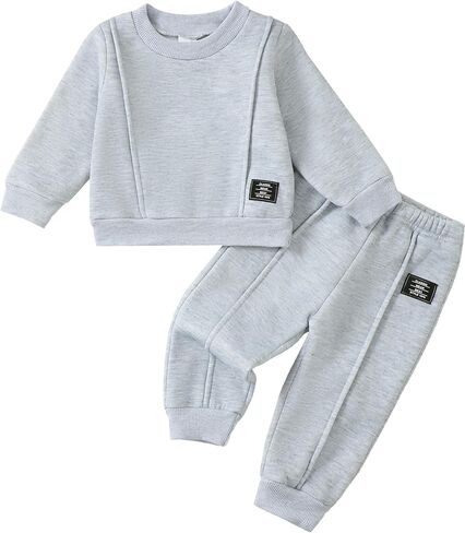 Jecson Toddler Boy Clothes Sweatshirt 2 Piece Outfit Set for 12Months-4T | Soft sweatshirt fabric, top and pants feature rolled-edge trim for 12months-4t baby and toddler boys blue gray black green in Kuwait