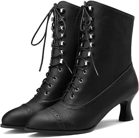 Victorian Boots for Women Vintage Granny Witch Lace Up Boot Medieval Renaissance Boots Women Mid Heel Lace Up Booties with Zipper Mid-Calf Costume Shoes in Kuwait
