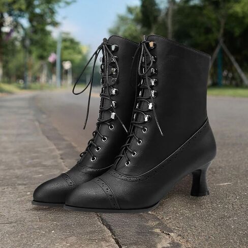 Victorian Boots for Women Vintage Granny Witch Lace Up Boot Medieval Renaissance Boots Women Mid Heel Lace Up Booties with Zipper Mid-Calf Costume Shoes in Kuwait
