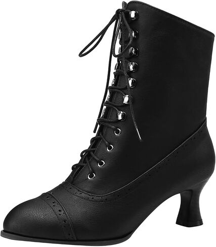 Victorian Boots for Women Vintage Granny Witch Lace Up Boot Medieval Renaissance Boots Women Mid Heel Lace Up Booties with Zipper Mid-Calf Costume Shoes in Kuwait