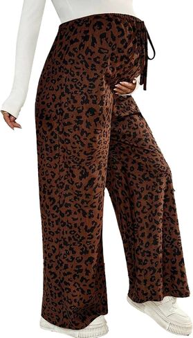 BLENCOT Maternity Pants Leopard Print Drawstring Elastic Waist Pregnancy Wide Leg Trousers with Pockets White in Kuwait
