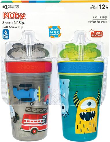 Nuby All in One Snack Bowl and No Spill Soft Straw Cup - 2 Pack Aqua Monsters & Grey Cars - Snack N' Sip, Holds: 4.5 oz Container with Lid and 9 oz/ 270 ml Straw Cup (12 Months +) in Kuwait
