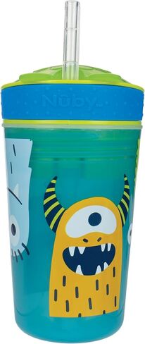 Nuby All in One Snack Bowl and No Spill Soft Straw Cup - 2 Pack Aqua Monsters & Grey Cars - Snack N' Sip, Holds: 4.5 oz Container with Lid and 9 oz/ 270 ml Straw Cup (12 Months +) in Kuwait