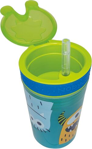 Nuby All in One Snack Bowl and No Spill Soft Straw Cup - 2 Pack Aqua Monsters & Grey Cars - Snack N' Sip, Holds: 4.5 oz Container with Lid and 9 oz/ 270 ml Straw Cup (12 Months +) in Kuwait