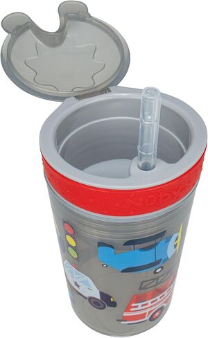 Nuby All in One Snack Bowl and No Spill Soft Straw Cup - 2 Pack Aqua Monsters & Grey Cars - Snack N' Sip, Holds: 4.5 oz Container with Lid and 9 oz/ 270 ml Straw Cup (12 Months +) in Kuwait