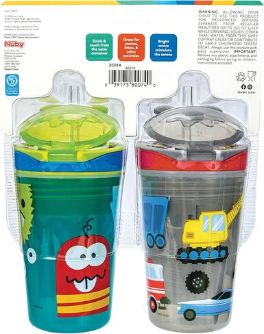 Nuby All in One Snack Bowl and No Spill Soft Straw Cup - 2 Pack Aqua Monsters & Grey Cars - Snack N' Sip, Holds: 4.5 oz Container with Lid and 9 oz/ 270 ml Straw Cup (12 Months +) in Kuwait