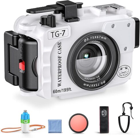 Sea frogs Camera Housing Compatible with Olympus TG-7 | with Singal Lamp and Red Filter, Waterproof IPX8 Rated, 60m/196ft Depth Protection TG7 Underwater Camera Case (White) in Kuwait