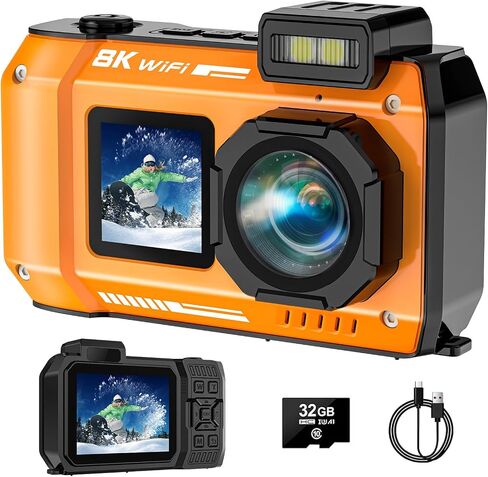UHD 8K Underwater Camera, 70MP 33FT WiFi Waterproof Digital Camera with 32GB Card, Auto Focus Waterproof Dual-Screen Selfie 2500mAh Battery, 18X Floatable Digital for Snorkeling, Orange in Kuwait