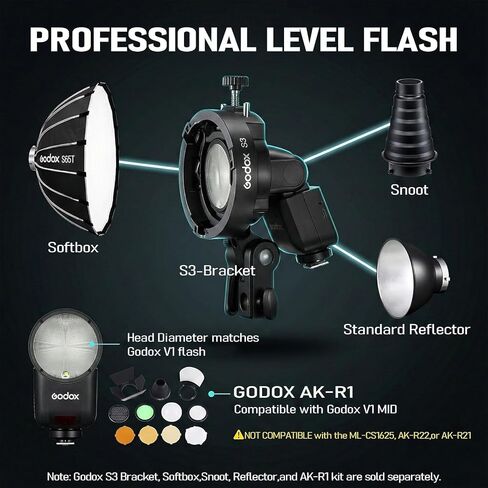 Godox V1 MID N Flash for Nikon with AK-R11, 55W Round Head Speedlite Touchscreen,Upgrade 24mm, 650+Full Power Pops,1.7s Recycle, TTL/HSS 1/8000s V1MID Lightweight Travel Flash for Nikon Zf Zfc Z6II Z8 in Kuwait