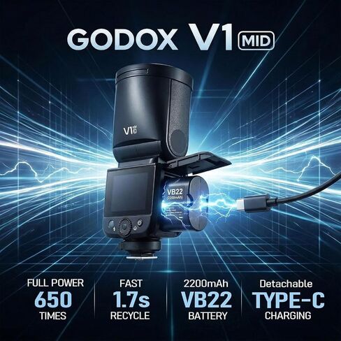 Godox V1 MID N Flash for Nikon with AK-R11, 55W Round Head Speedlite Touchscreen,Upgrade 24mm, 650+Full Power Pops,1.7s Recycle, TTL/HSS 1/8000s V1MID Lightweight Travel Flash for Nikon Zf Zfc Z6II Z8 in Kuwait