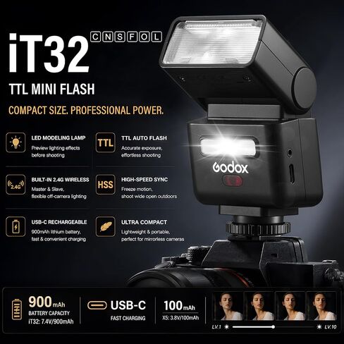 Godox IT32 TTL Camera Flash,2.4G Wireless,HSS 1/8000s,GN18,LED Modeling Lamp,Colorful Touch Screen,Rotatable Flash Head in Kuwait