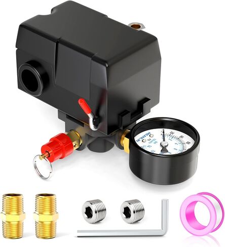 MEANLIN MEASURE Air Compressor Pressure Switch Control Valve 95-125 PSI 110V-240V 4-way Replacement Parts With 0-200 Pressure gauge and Safety Pressure Relief Valve in Kuwait