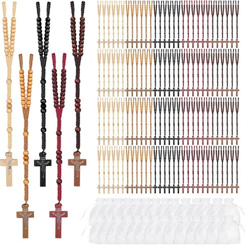 120 Set Wooden Rosary Beads Bulk Wood Catholic Rosaries Jesus Holy Cross First Communion Wood Carved Rosary with Organza Bags Religious Rosaries Catholic Baptism Church Present for Men Women Supplies in Kuwait