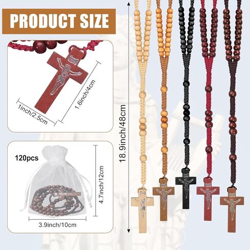 120 Set Wooden Rosary Beads Bulk Wood Catholic Rosaries Jesus Holy Cross First Communion Wood Carved Rosary with Organza Bags Religious Rosaries Catholic Baptism Church Present for Men Women Supplies in Kuwait