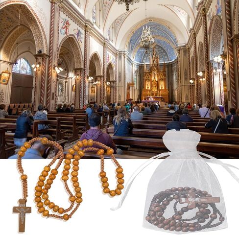 120 Set Wooden Rosary Beads Bulk Wood Catholic Rosaries Jesus Holy Cross First Communion Wood Carved Rosary with Organza Bags Religious Rosaries Catholic Baptism Church Present for Men Women Supplies in Kuwait