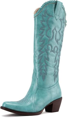 GORBINETI Women's Cowboy Boots, Faux Suede Mid Calf Western Boots | Vintage Embroidered Cowgirl Style, Pull-On Design, Almond Toe, Chunky Block Heel, Concert, Festival and Party Wear in Kuwait