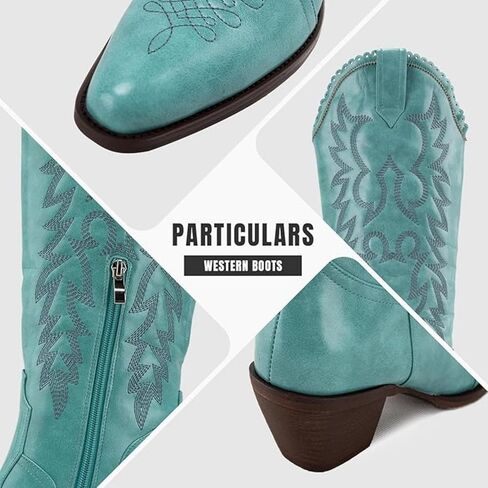 GORBINETI Women's Cowboy Boots, Faux Suede Mid Calf Western Boots | Vintage Embroidered Cowgirl Style, Pull-On Design, Almond Toe, Chunky Block Heel, Concert, Festival and Party Wear in Kuwait