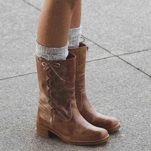 Mid Calf Boots for Women Wide Lace up Chunky Blcok Low Heel Booties Comfortable Round Toe Retro Fall Winter Boot in Kuwait