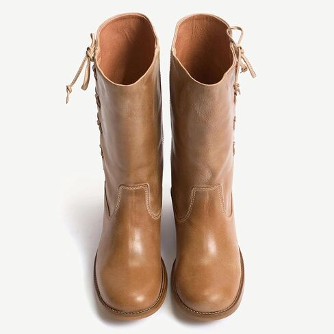 Mid Calf Boots for Women Wide Lace up Chunky Blcok Low Heel Booties Comfortable Round Toe Retro Fall Winter Boot in Kuwait