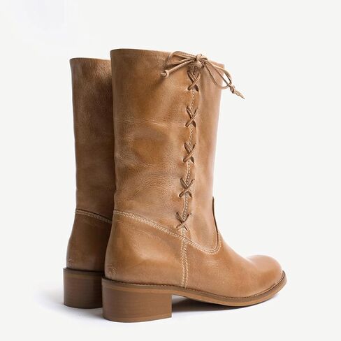 Mid Calf Boots for Women Wide Lace up Chunky Blcok Low Heel Booties Comfortable Round Toe Retro Fall Winter Boot in Kuwait