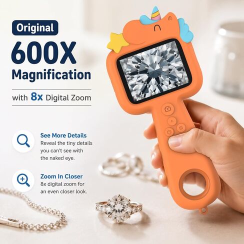 Kids Microscope Digital Magnifying Glass: STEM Toy Science Gift Ages 4-12 | 2.4" IPS screen, 600X magnification, 8X digital zoom and 8 adjustable LEDs; handheld science explorer for boys and girls in Kuwait